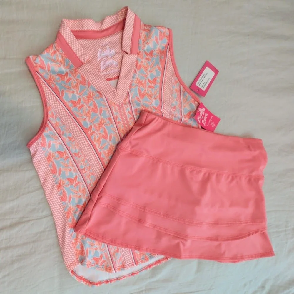 Lucky in Love Tank and Skort Set Girls Size M 10-12 Coral Pink Golf Tennis NWT